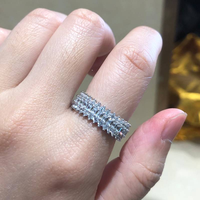 长方钻排戒S925银镀白金Women's Ring定制选款副石Moissanite3.8ct
